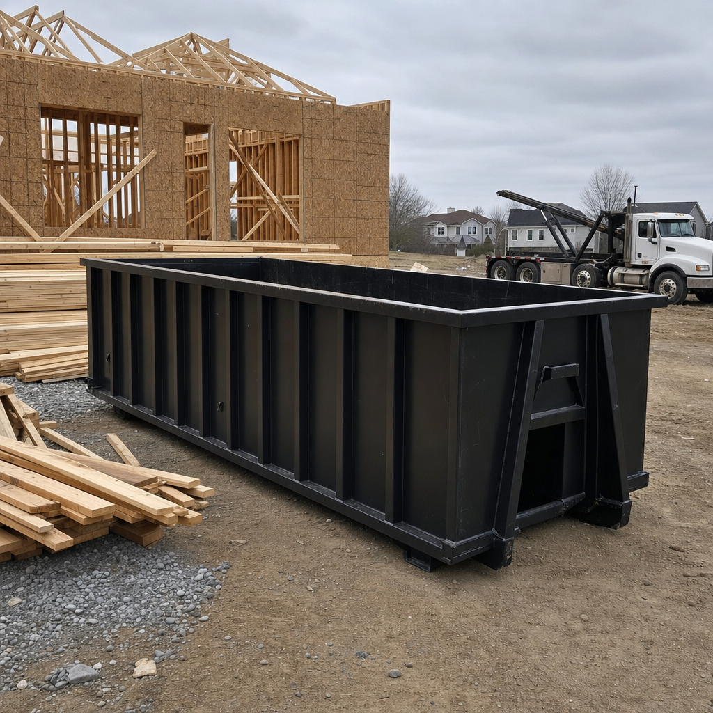 Matte-black 40-yard roll-off dumpster staged on a framed-out residential construction site in Laredo, framing lumber stacked nearby, hooklift delivery truck visible in the background under bright Colorado daylight