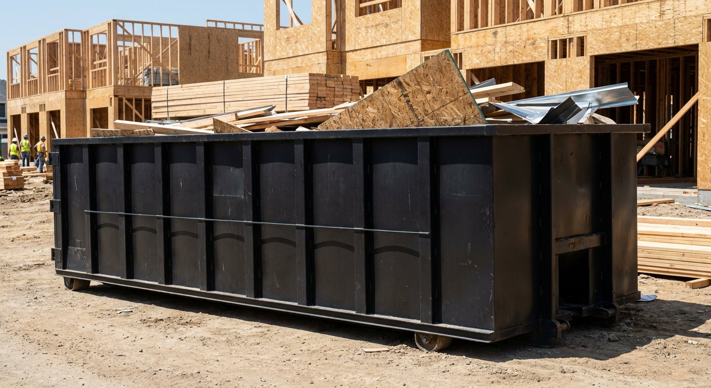 Matte-black 40-yard roll-off construction dumpster being lowered from a white-cab hooklift delivery truck onto the compacted-dirt jobsite at a commercial build site in Laredo