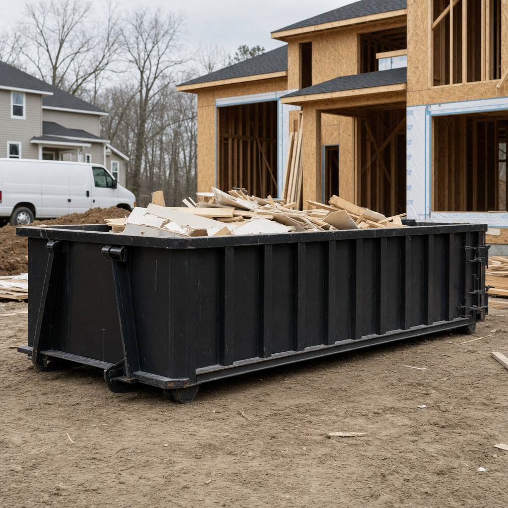 Worker in a yellow high-visibility vest tossing framing lumber and broken drywall into a matte-black 30-yard construction roll-off dumpster on an active build site in Laredo, bright daylight