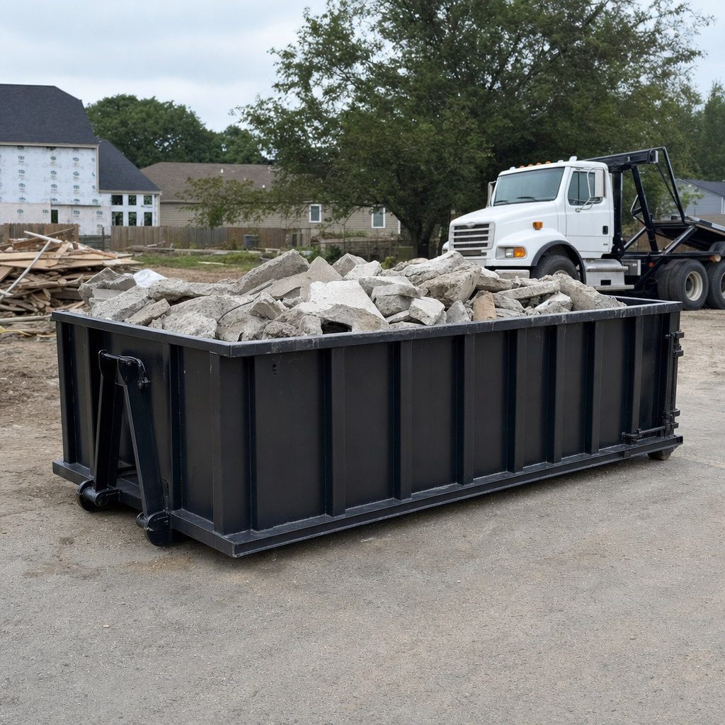 Low-profile matte-black lowboy roll-off dumpster loaded with broken concrete slab and rebar at a foundation tear-out in Laredo, skid steer parked beside it, sunny Colorado morning
