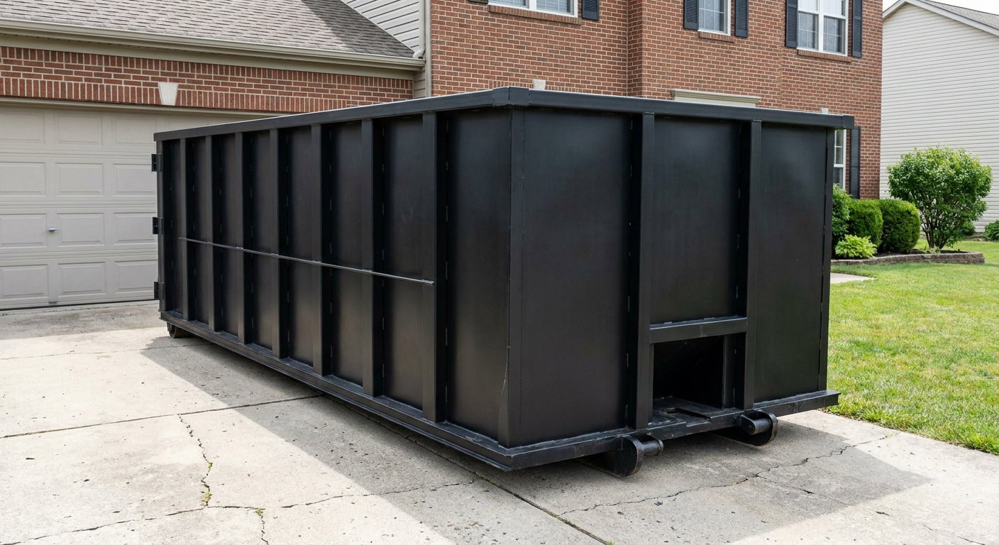 Matte-black 20-yard roll-off container on a Laredo residential concrete driveway with reinforced ribbed steel sidewalls and a hinged rear walk-in door, clean bright daylight.