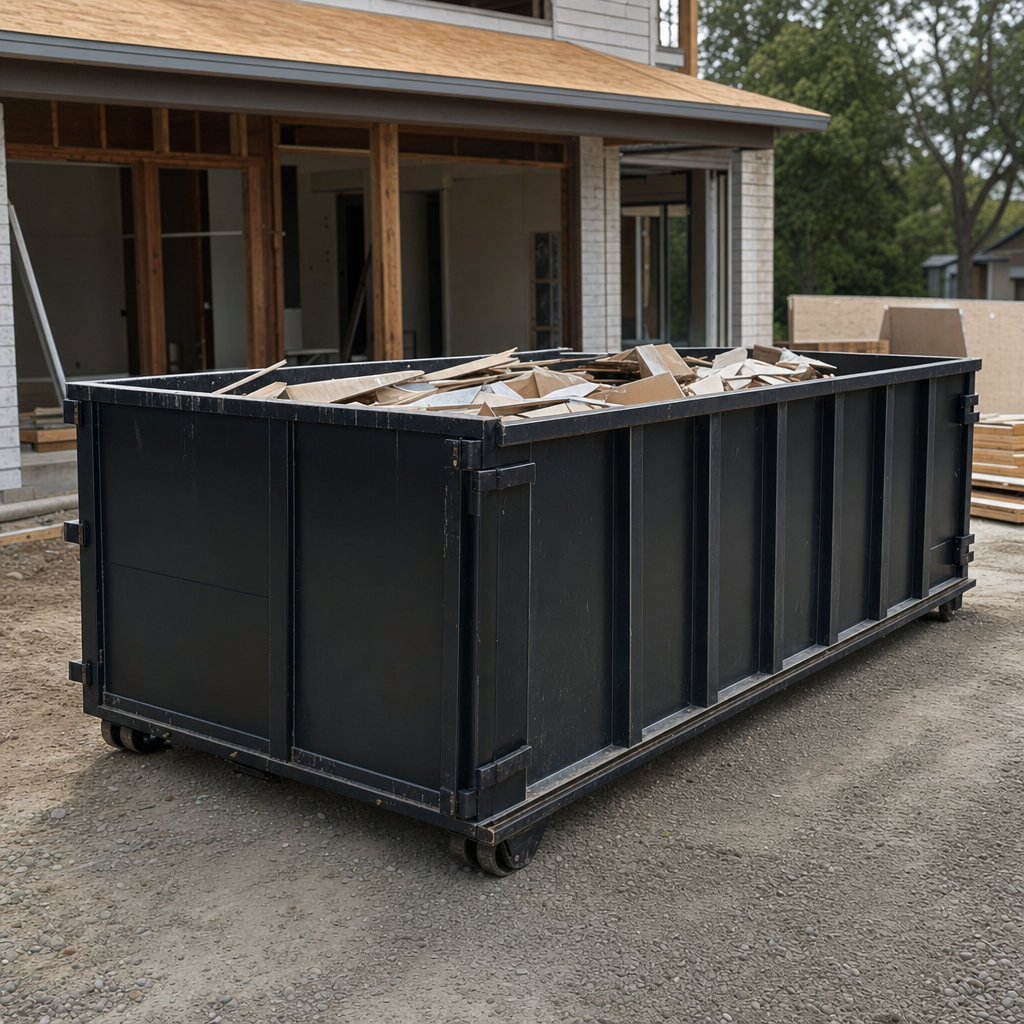 Large matte-black 30-yard construction roll-off dumpster at an active Laredo jobsite, steel-gray top rails and bottom rollers visible, loaded with construction debris.