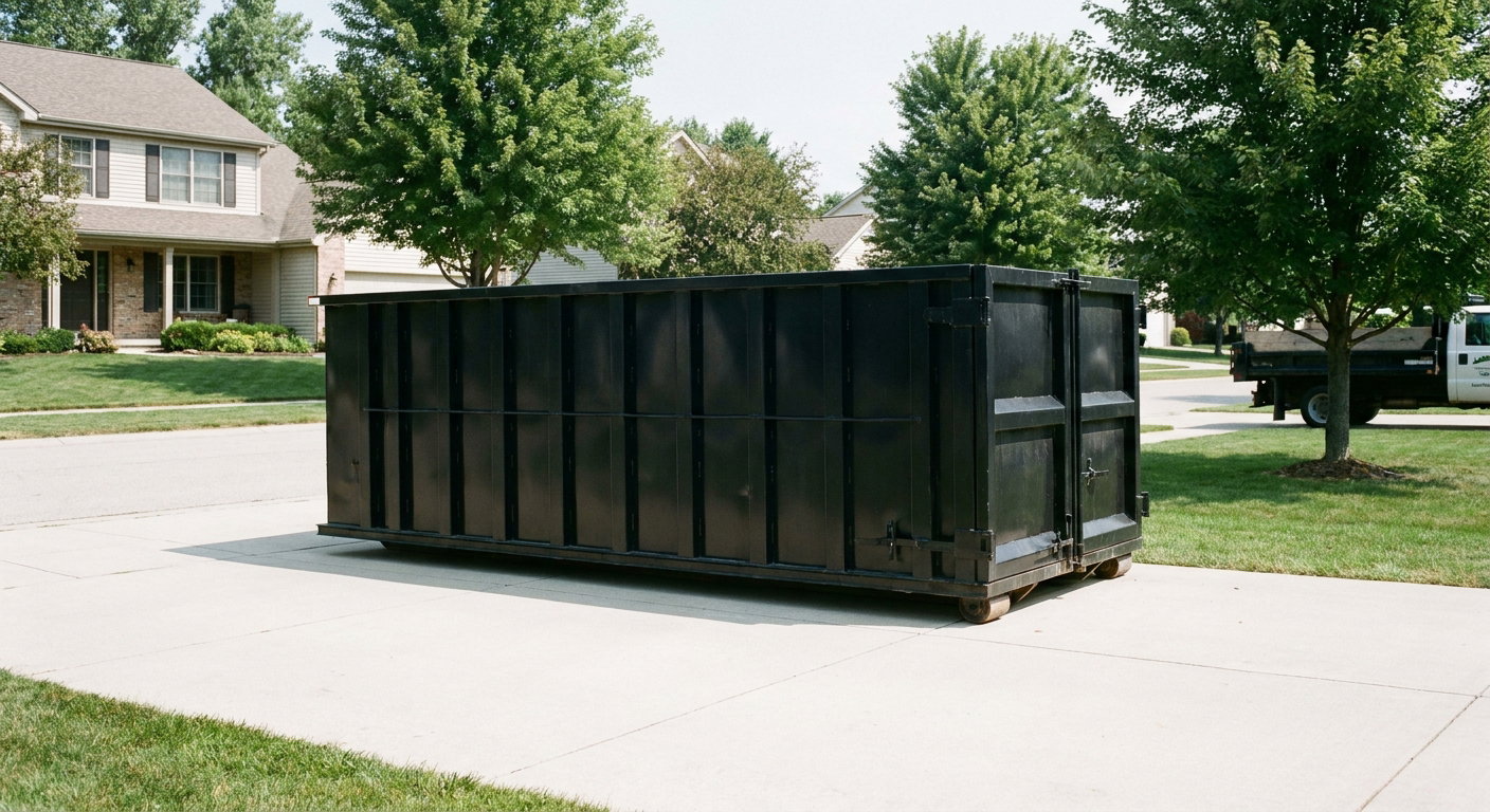 Matte-black 20-yard roll-off dumpster sitting level on a clean Laredo residential concrete driveway under bright daylight, demonstrating clean placement directly on the concrete.