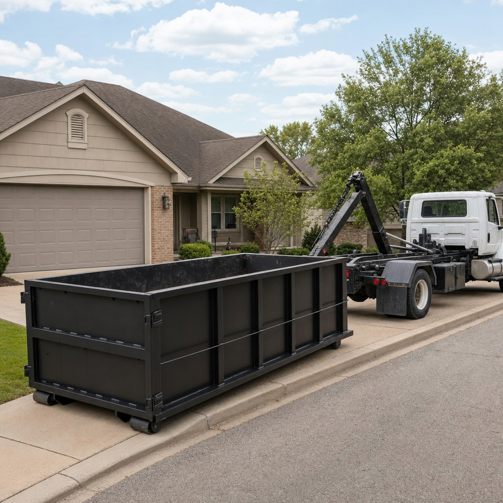 Wide documentary shot of a matte-black roll-off dumpster on a Laredo residential driveway in the foreground and a contractor jobsite container in the soft-focus background, bright daylight, calm and orderly composition.