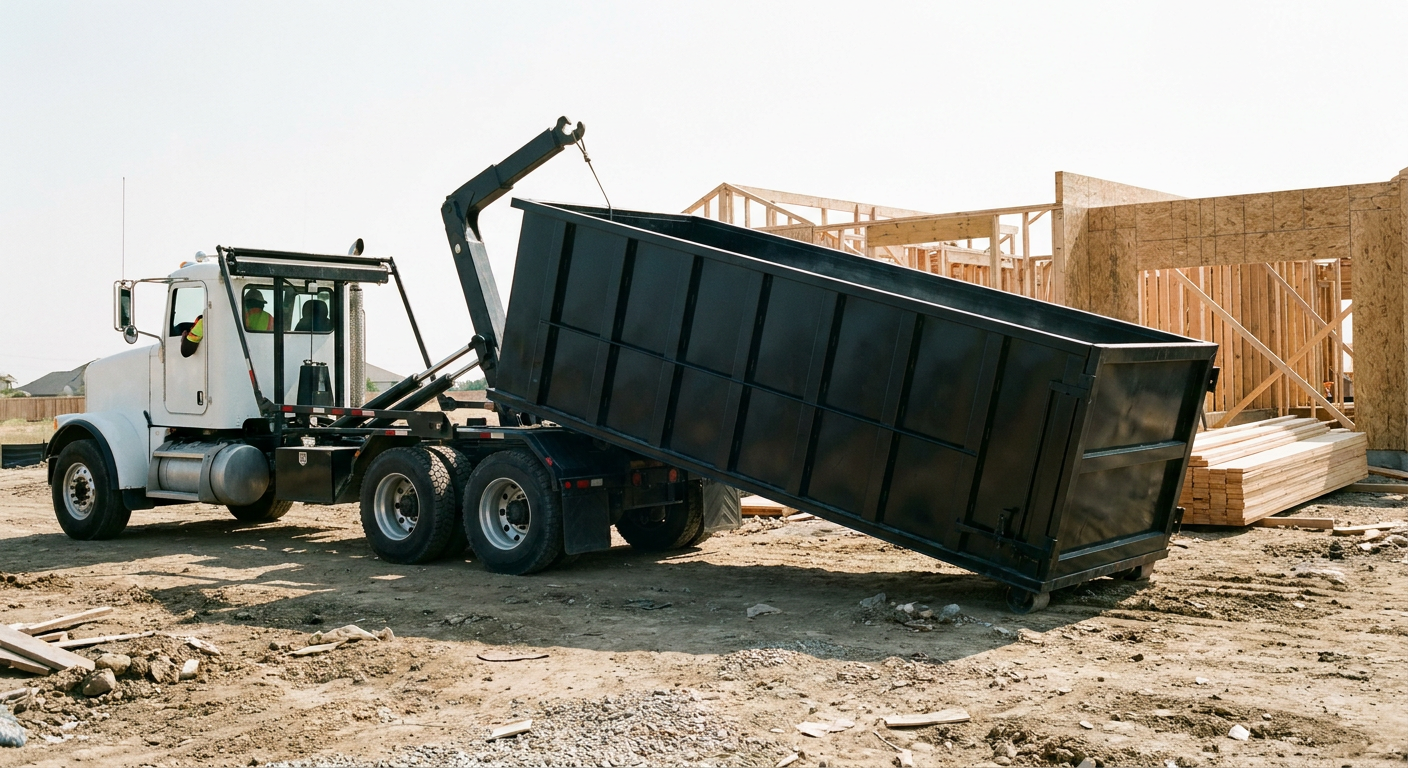 Matte-black roll-off dumpster being delivered onto a clean residential concrete driveway in Laredo by an unmarked white hooklift hauler truck, bright morning daylight, documentary 35mm perspective.