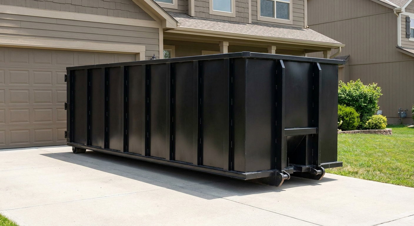 Matte-black residential roll-off dumpster sitting directly on a suburban Laredo concrete driveway, garage door closed, single-family home in background, bright morning daylight.