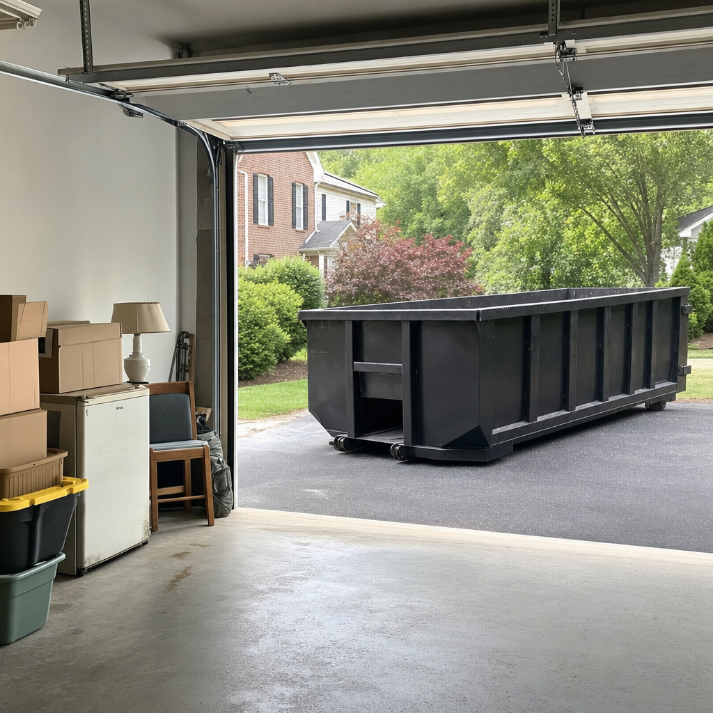 Open garage interior in a Laredo home mid-cleanout — boxed items, an old appliance, and stacked yard tools queued near the driveway for a matte-black roll-off dumpster, organized and calm