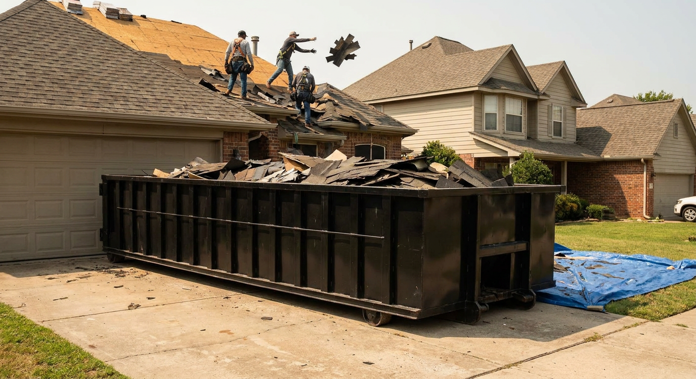 Matte-black roofing roll-off dumpster placed directly on a Laredo residential concrete driveway, a tear-off crew on a two-story asphalt-shingle roof tossing shingle bundles into the low-walled container, bright daylight, documentary 35mm perspective.