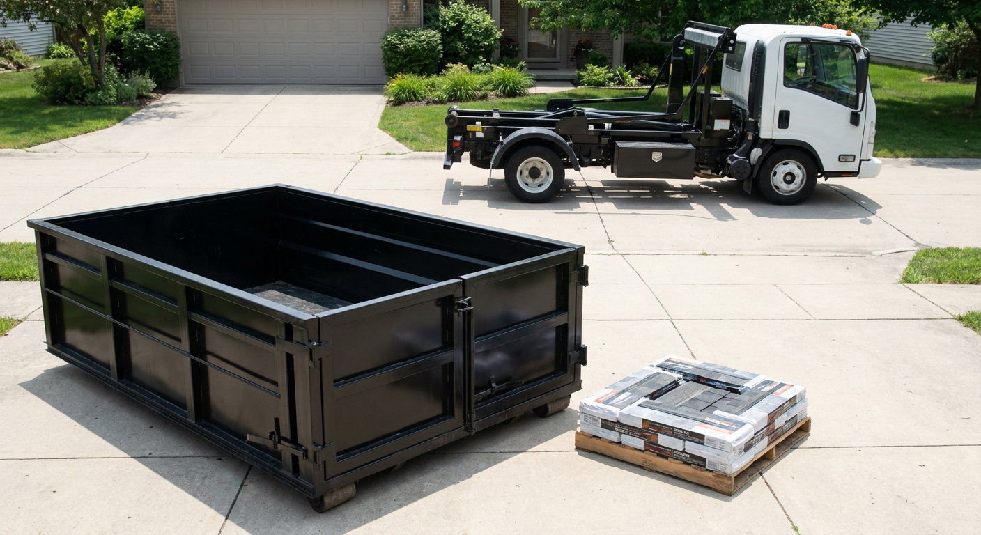 Matte-black 15-yard roofing roll-off dumpster with reinforced low side walls sitting directly on a Laredo residential concrete driveway, three-tab asphalt shingle bundles stacked nearby, an unmarked white hauler truck partially visible at the edge of the frame.