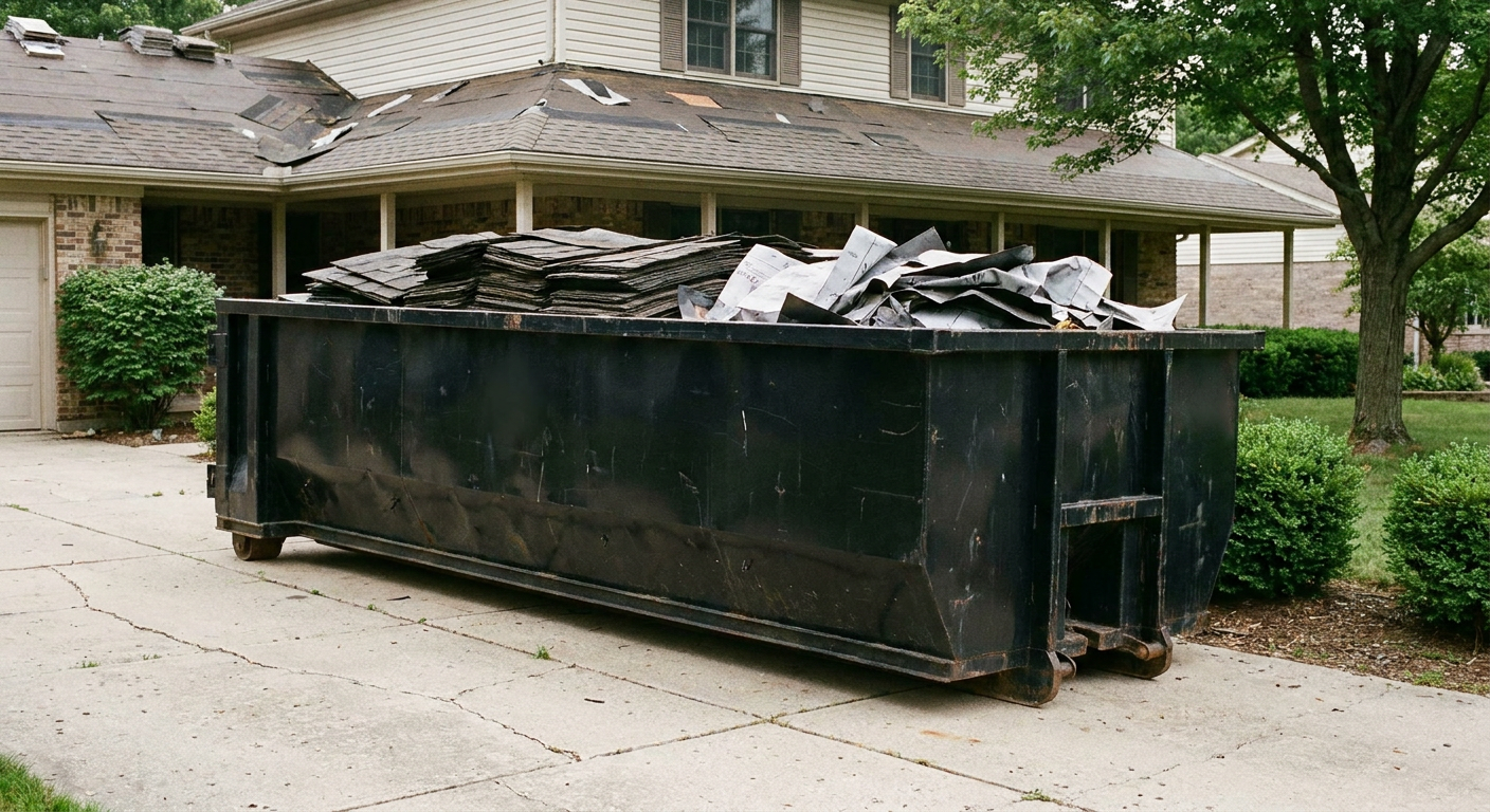 Matte-black 30-yard roofing roll-off dumpster sitting directly on a Laredo concrete driveway, taller ribbed steel side panels, mixed tear-off debris of asphalt shingles and underlayment inside, professional documentary daylight.
