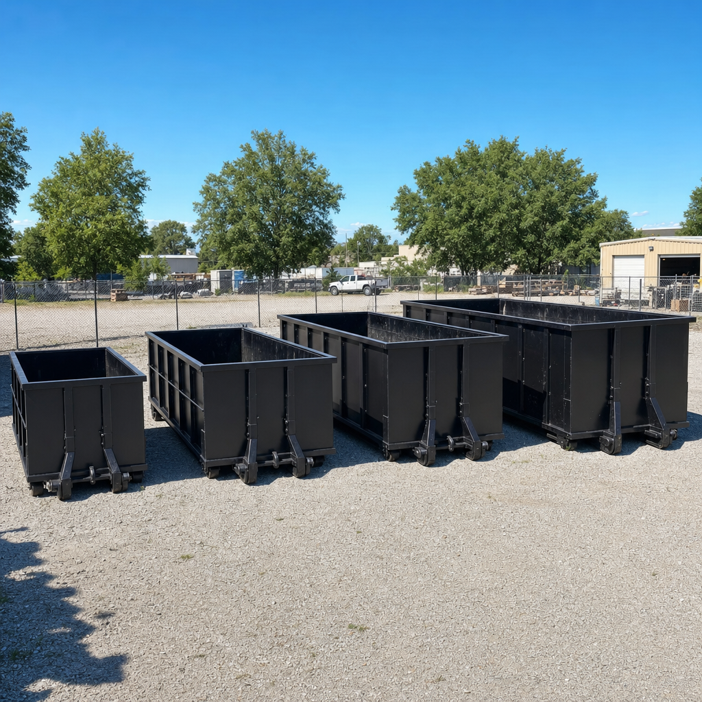 A clean lineup of matte-black roll-off dumpsters in 10, 20, 30, and 40-yard sizes staged on a sunlit gravel yard in Laredo, showing the size progression from compact to commercial-scale containers.
