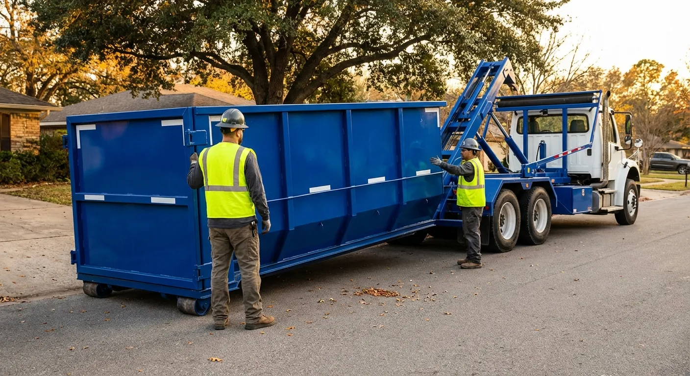 Roll-off dumpster delivery truck in operation in Laredo, TX