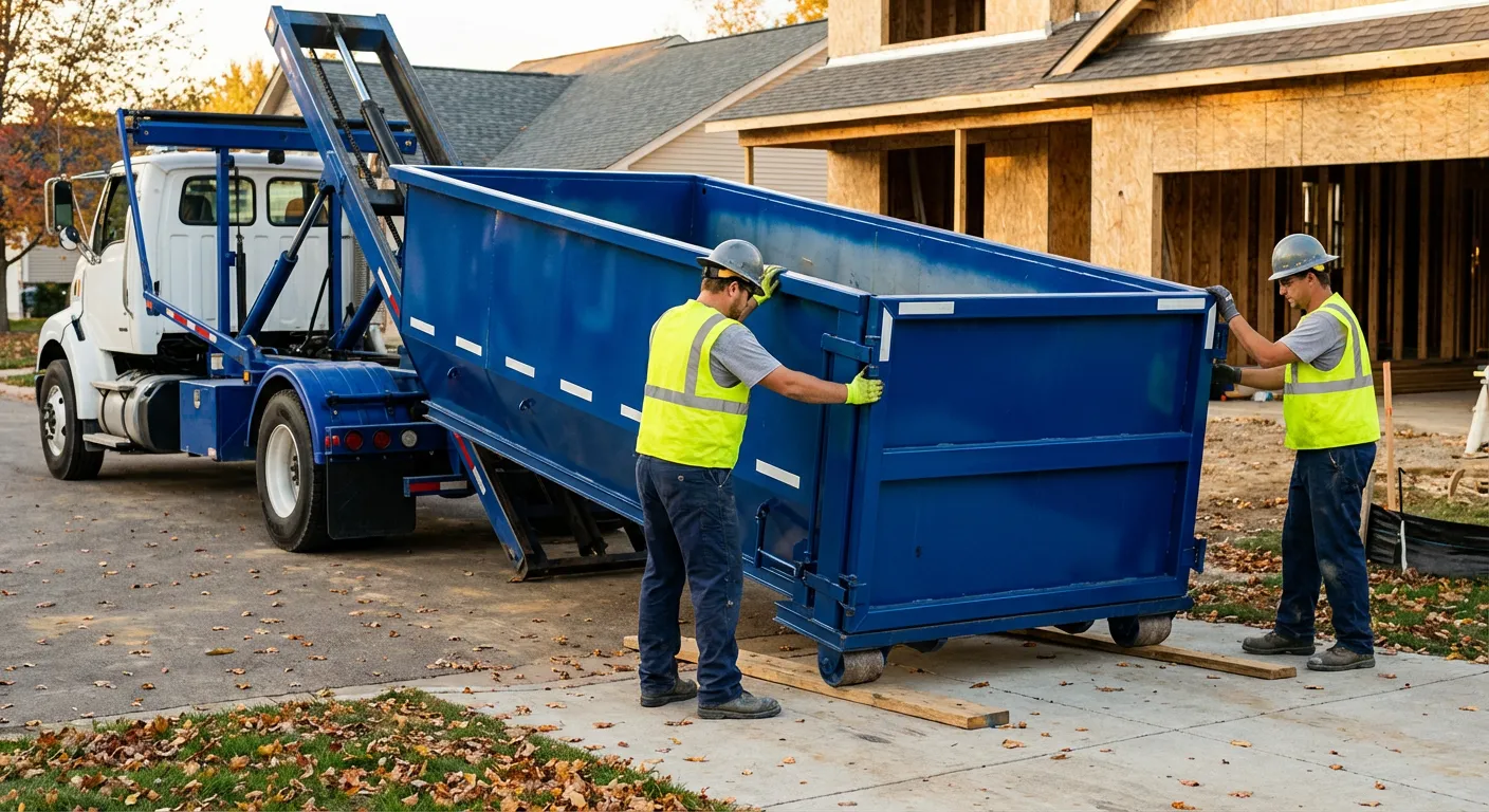 Roll-off dumpster delivery truck in residential area in Laredo, TX