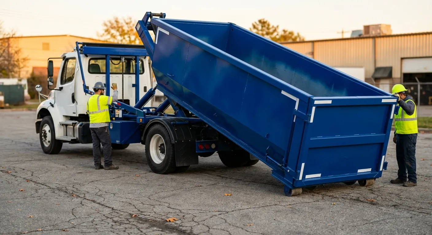 Roll-off dumpster rental truck protecting driveway surfaces in Laredo, TX